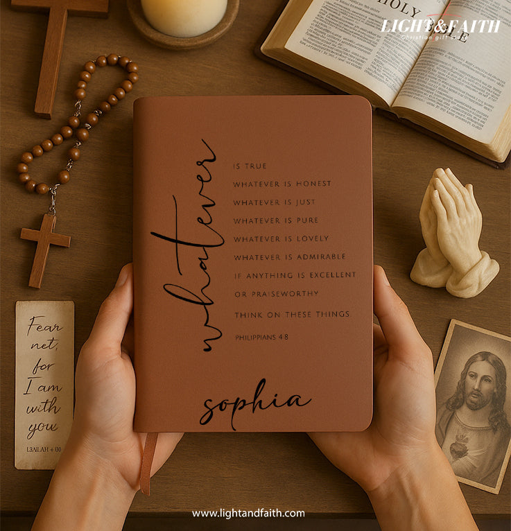 Personalized Christian Journal with Philippians 4:8 Scripture, Custom Name Prayer & Faith Notebook, Religious Gift, First Communion Gifts, Birthday. NBLAF09